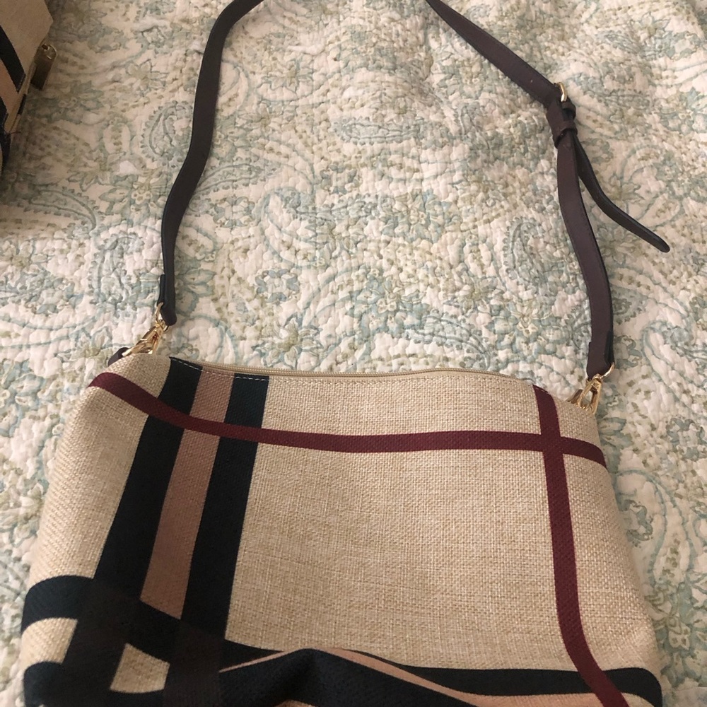 Woven Plaid Crossbody Bag - Beige and Burgundy
